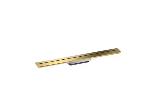 Duschrinne in polierter Goldoptik von AXOR, mit einem flachen, geraden Design und zwei Ablauflöchern, vorgesehen für die Wandmontage in einem Badezimmer.